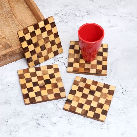 Modern Brown Check Pattern Wooden Coasters - Pack of 4
